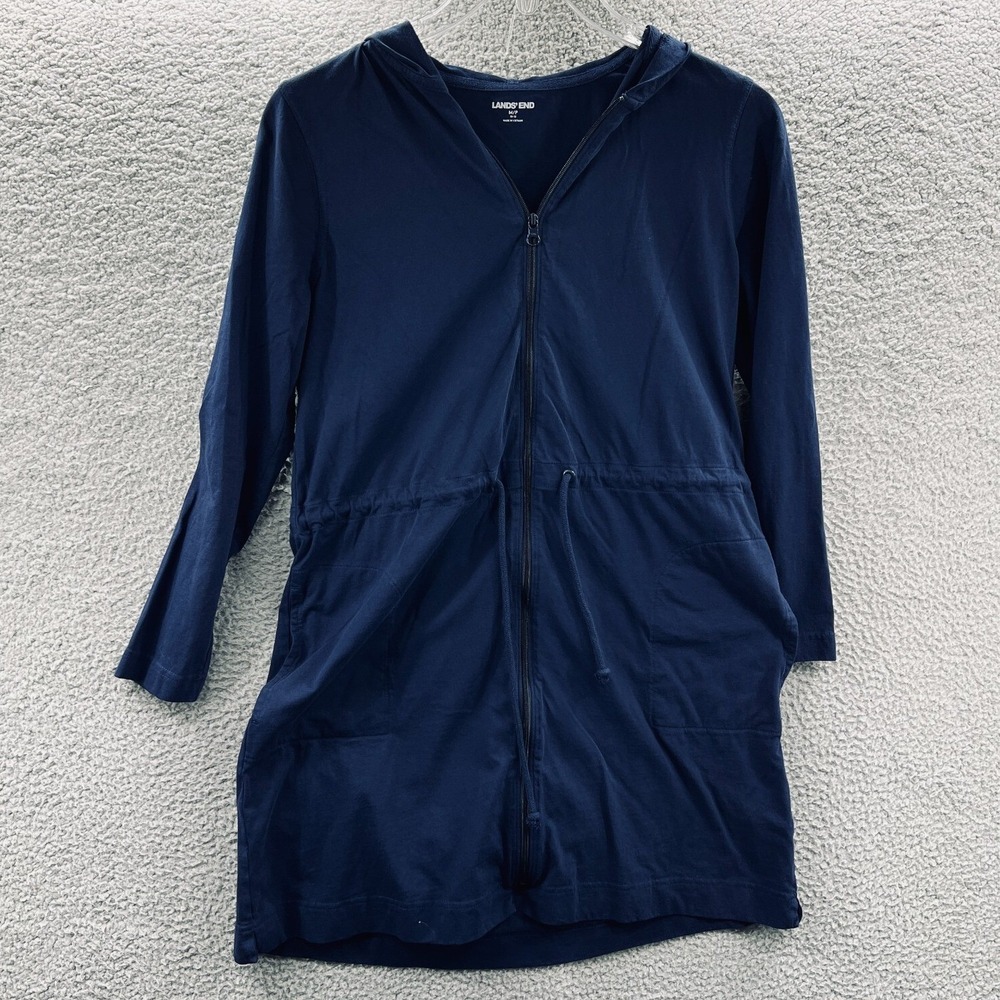 Lands End Women Hooded Jacket M Petite Navy Full Zip Lightweight Casual Layering